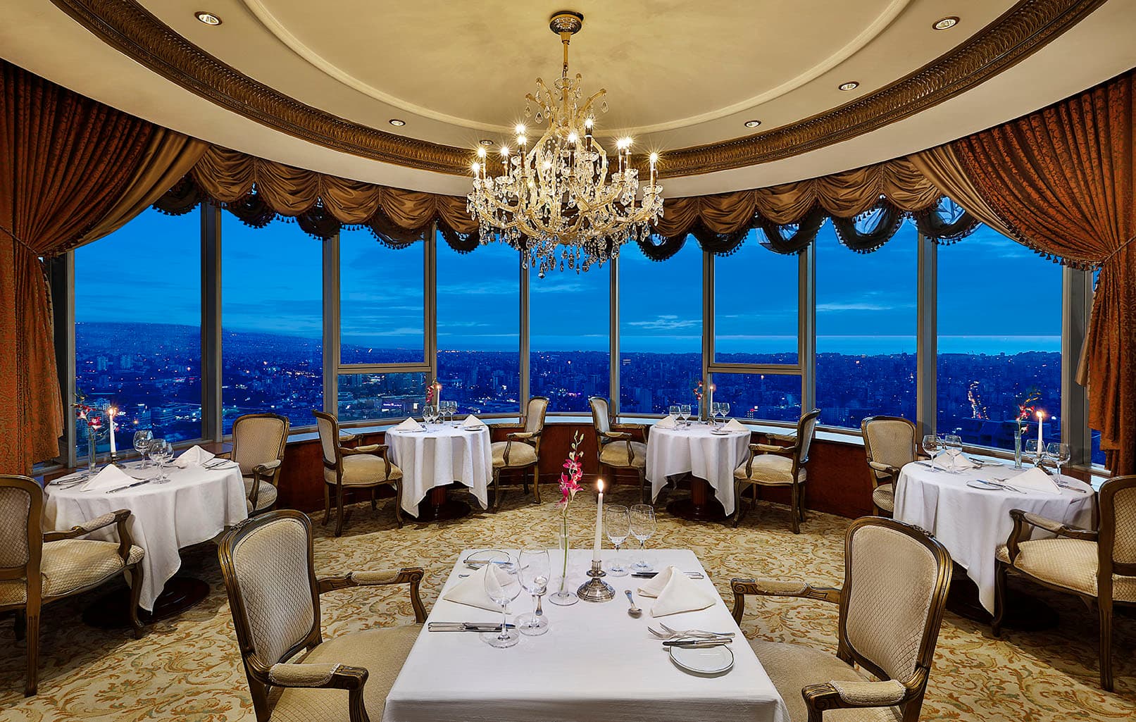 Ciel Restaurant interior with Beirut skyline view